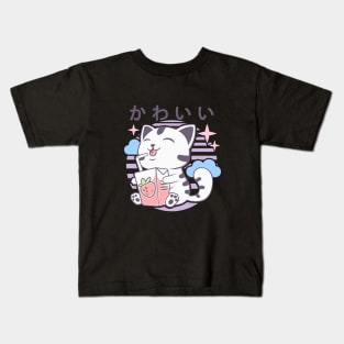 Kawaii Aesthetics Japanese Strawberry Milk Shake かわいい Cat - Violet - Strawberry Milk Kids T-Shirt